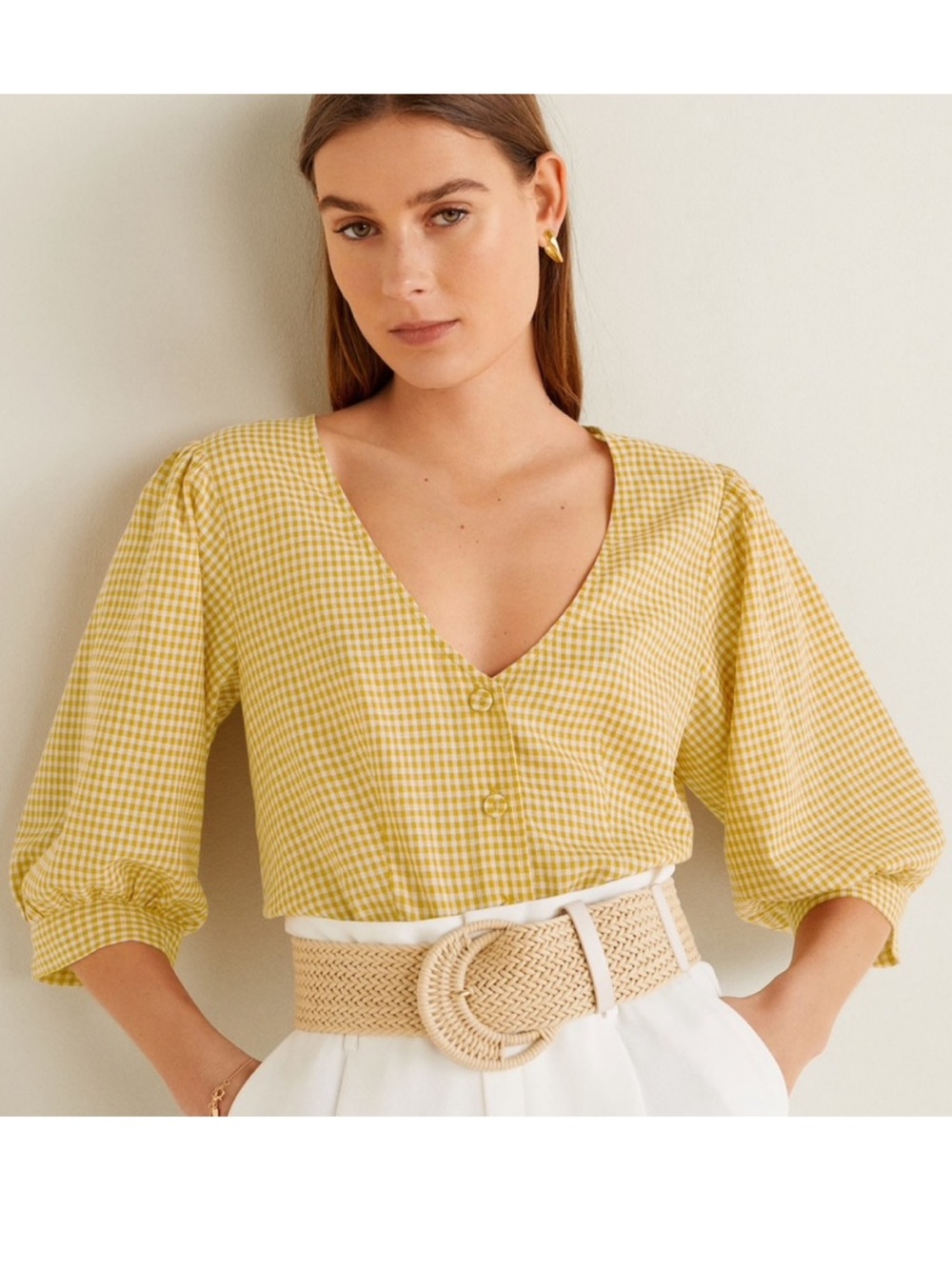 Mango lagenlook mustard gingham V-neck puff sleeve button up resort crop blouse - Picture 15 of 16